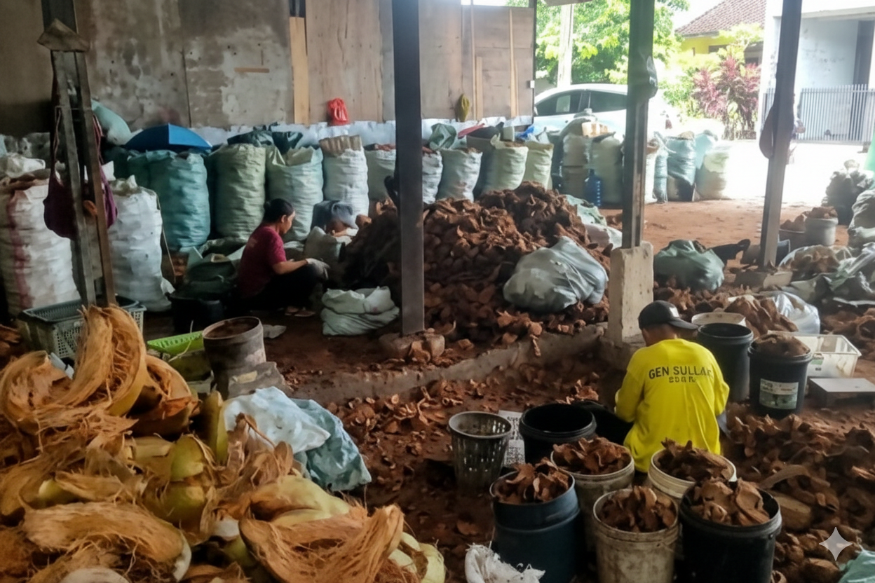 Coconut husk processing at our facility